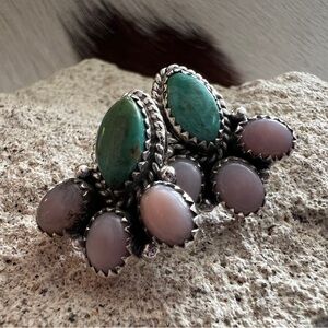❤️ Emerald Valley Turquoise & Pink Opal Navajo Style Sterling Cluster Earrings